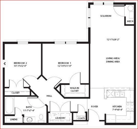 Floor plan for 2 beds, 1 bath, 958 sqft